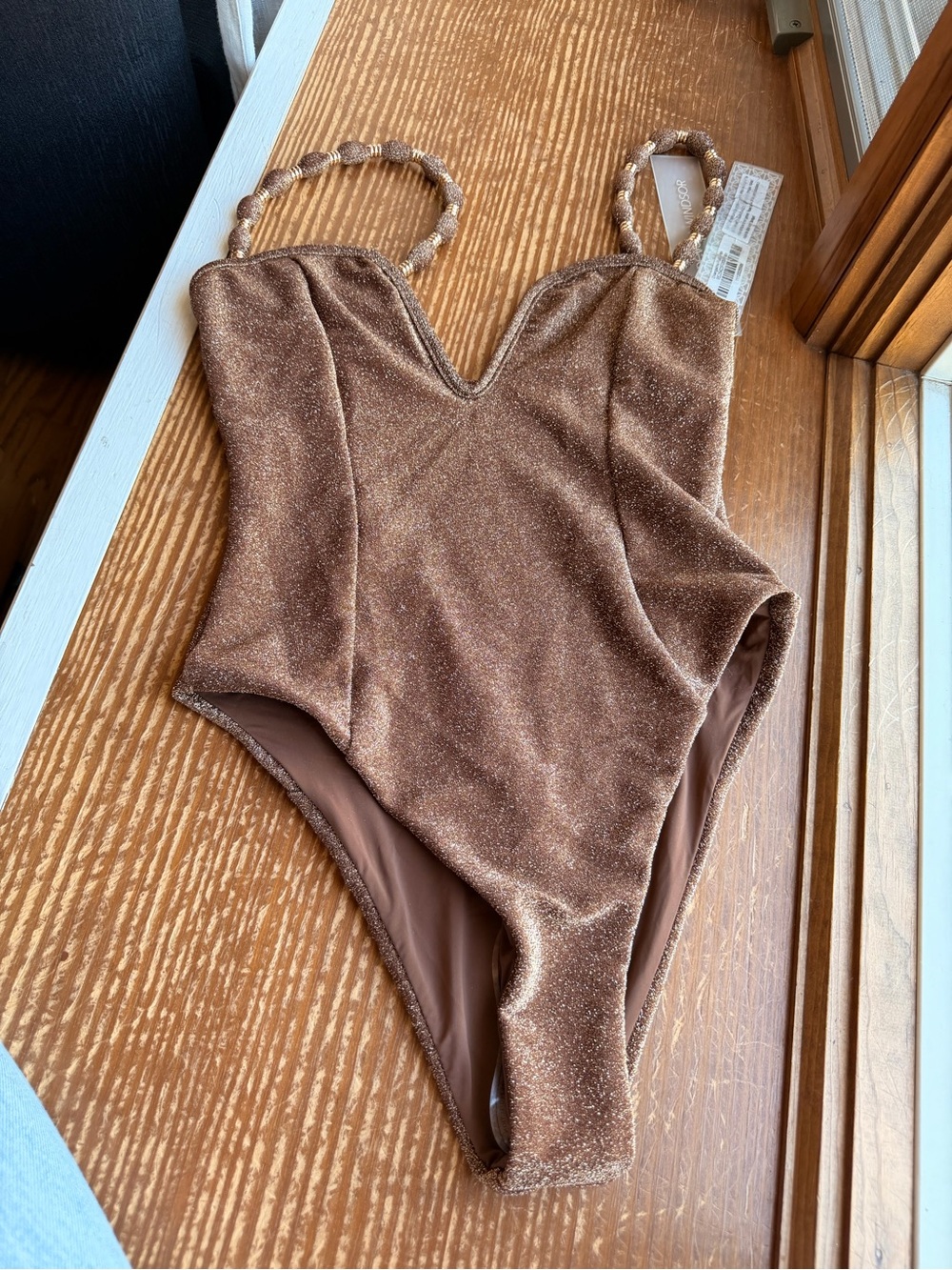 DEVON WINDSOR Shimmery Brown One-Piece with Braided Straps